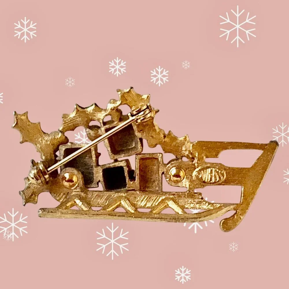 Weiss Christmas Sled Brooch Pin Rhinestones Enamel Gifts GoldTone Vintage Signed